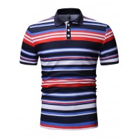 Casual Fashion Men's Turn-down Collar Stripe Short Sleeve T-shirt