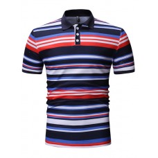 Casual Fashion Men's Turn-down Collar Stripe Short Sleeve T-shirt