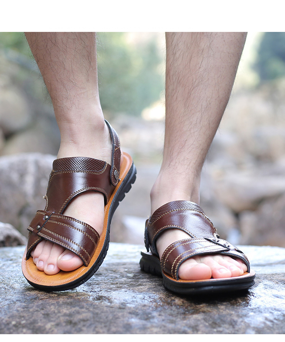 New First Layer Leather Beach Leather Men'S Sandals- Black EU 41