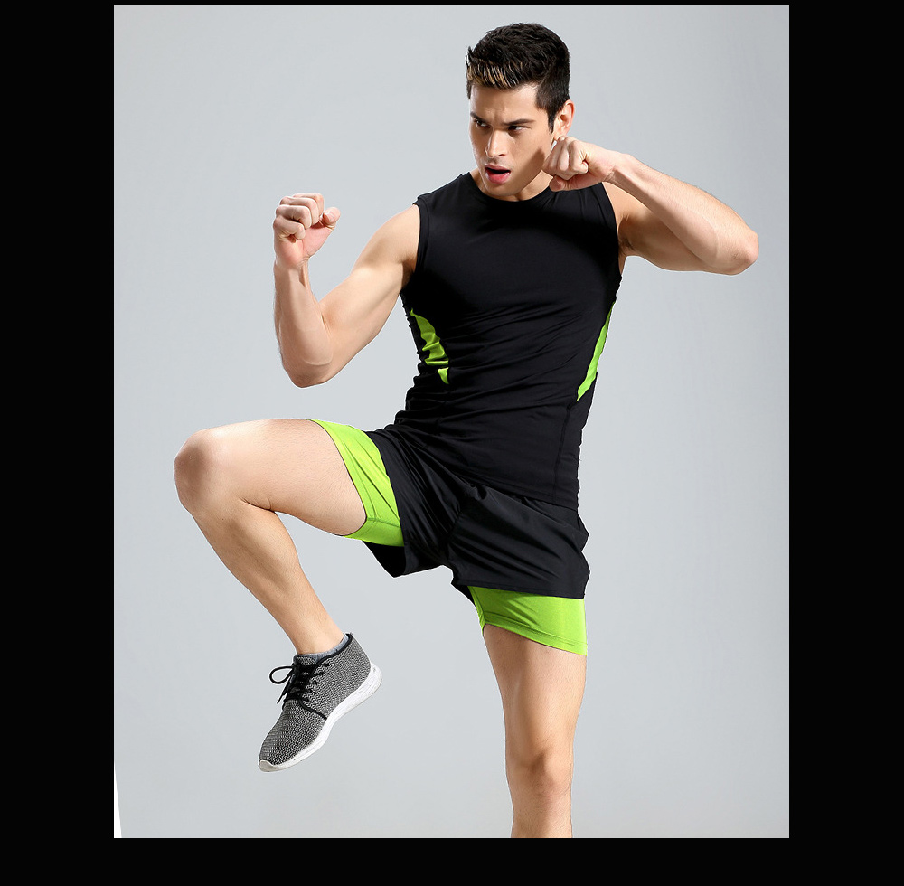 Fitness Clothes Sleeveless Vest Male Tight Gym High Racing Running T-shirt Sports Clothing - Vest P17120 black + fluorescent green 2XL