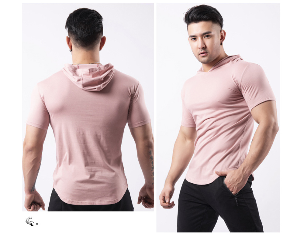 Sport Short-sleeved T-shirt Men's Solid Color Hood Fitness Clothes Outdoor Basketball Sweater Running Clothing Muscles Brothers - Short-sleeved 20M111 Black XL