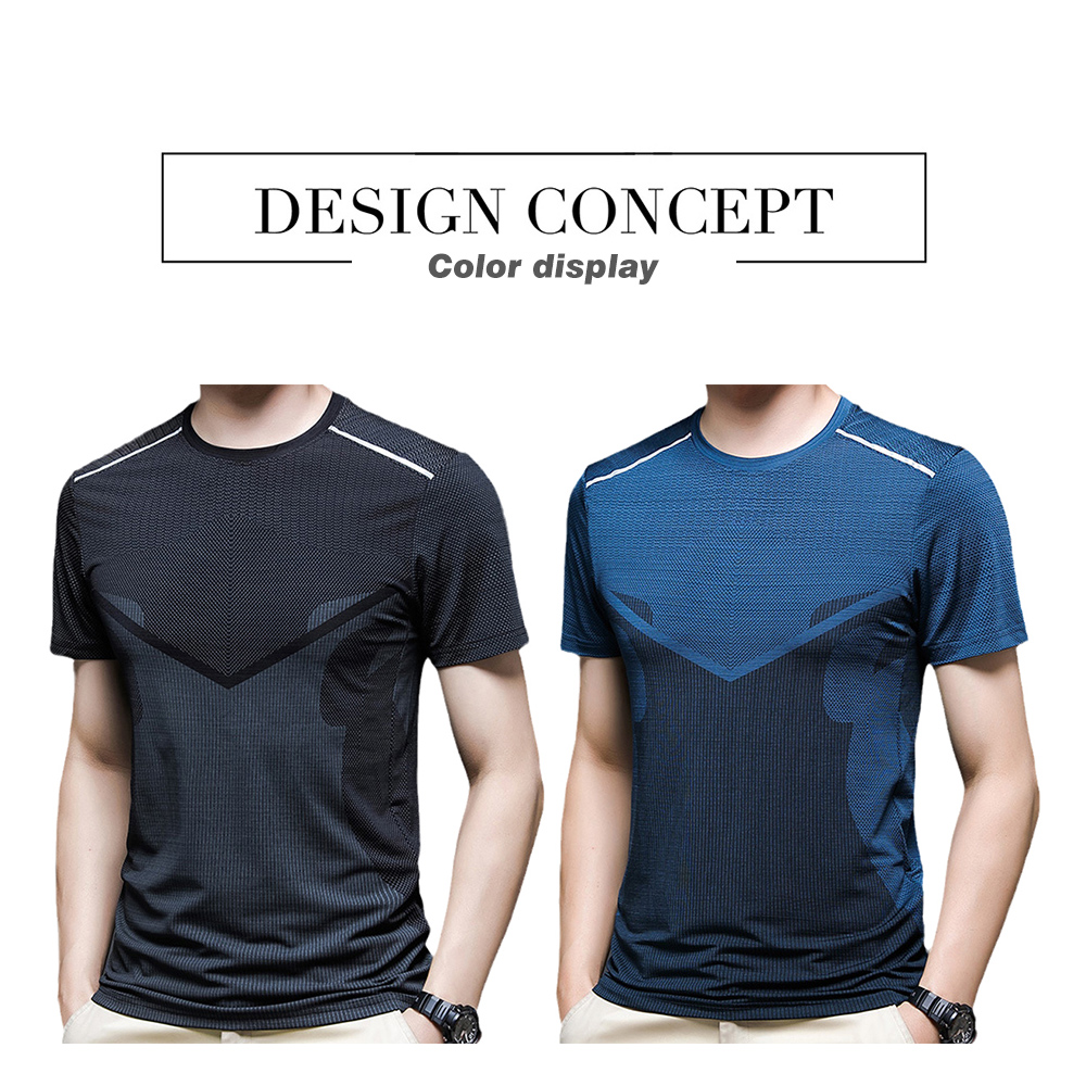 NS372 Men Outdoor Sports Fitness Short Sleeve Round Neck T-shirt Ice Silk Tops - Silk Blue L