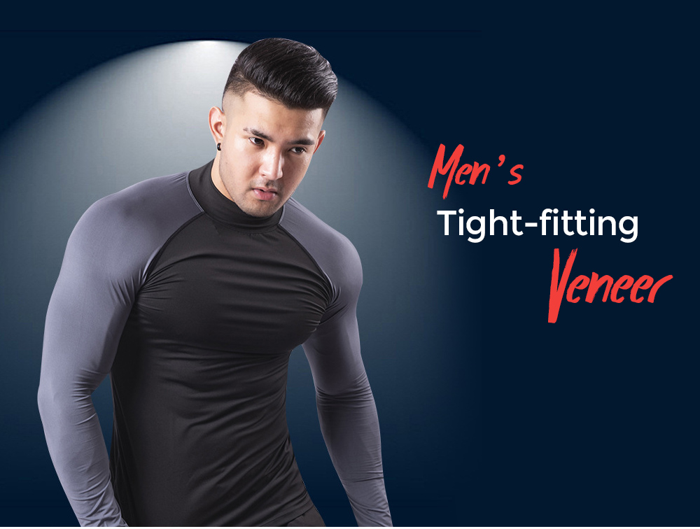 High Collar Fitness Clothes Men's Tight-fitting Veneer Quick Long Sleeve T-shirt Padded Basketball Running Sports Top - Long Sleeve D1976 (high Collar) Black + Red Sleeve + Black Line XL