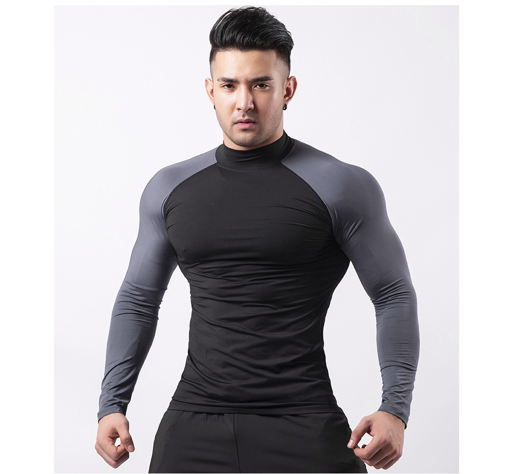 High Collar Fitness Clothes Men's Tight-fitting Veneer Quick Long Sleeve T-shirt Padded Basketball Running Sports Top - Long Sleeve D1976 (high Collar) Black + Red Sleeve + Black Line XL