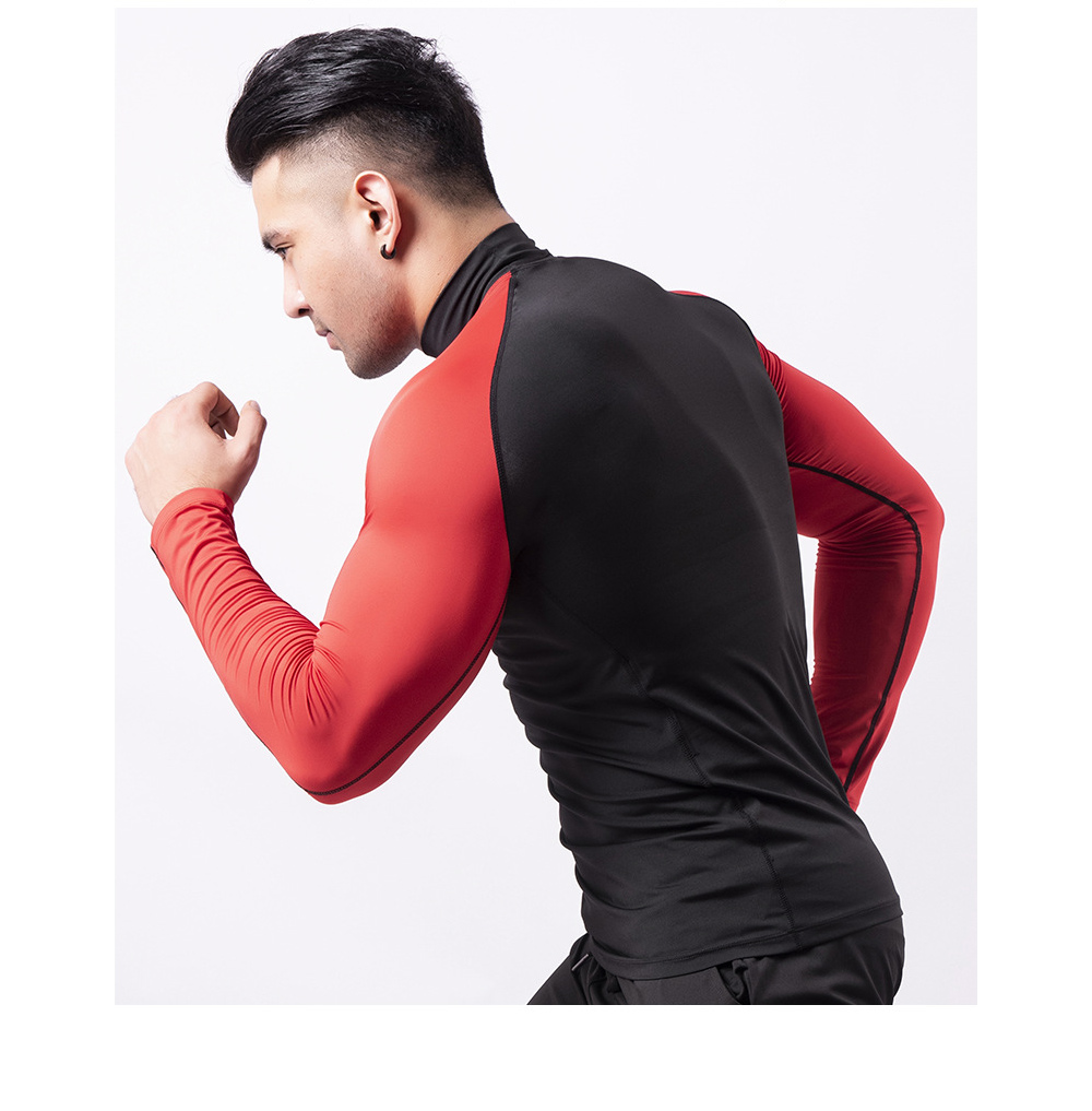 High Collar Fitness Clothes Men's Tight-fitting Veneer Quick Long Sleeve T-shirt Padded Basketball Running Sports Top - Long Sleeve D1976 (high Collar) Black + Red Sleeve + Black Line XL