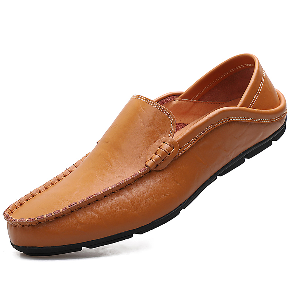 Men Casual Loafers Genuine Leather Moccasins Shoes- Golden brown EU 44